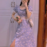 Princess Elegant Sweet Dress Women Korean High Waist Split Vintage Boho Dress Female Party Sexy Midi Casual Cute