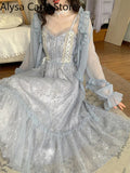 Party Summer Lace Vintage Straps Dress Women Chiffon Patchwork Casual Party Floral Dress Female 2022 Korean Fashion Empire Sweet