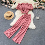 Summer Green/Black/Red Two Piece Set Women Sexy Slash Neck Short Tops + High Waist Wide Leg Pants Female Suit