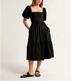 Elegant Plus Size V-neck Puff Sleeve Ruffled Midi