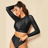 Toloer Sleeve Smock Mesh Bikini Swimsuit Split High Waist Triangle Three Piece Swimsuit