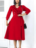Women's Dress 2025 New Fashion Temperament Pure Color V Collar Folds High Waist Big Dress Dress