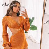 Women Knit Hollow Out V Neck Mini Dress Sexy Long Sleeve Beach Backless Autumn 2021 Party Club Casual Solid Clothing