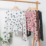 Pink V-Neck Velvet Bow Single Buckle Buckle Coat On The Head Short Long-Sleeved Mesh T-Shirt