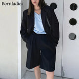 Women Retro Loose Blazer Sets Single-breasted Jacket & Straight Shorts 2 Pieces Sets Female Blazer