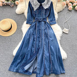 Vintage Embroidery Denim Maxi Dress Women Spring Lapel Pocket Lantern Sleeve Long Vestidos Belt Boho Beach Casual
