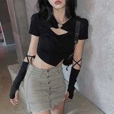 Street Short Sleeve T-shirt Women Harajuku Summer Hollow Out Slim Design Ins Korean Style Above Navel Cropped Top All-match-Outfit
