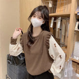 Spring Splicing Bubble Sleeve Knitted Sweater Women's Season Design Sense Niche Lotus Side Long Sleeve