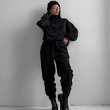 Winter Zipper Splice Stand Collar Women Two Piece Sets Short Tops Full Sleeve Solid Straight Long Pants Set Casual Loose-Outfit