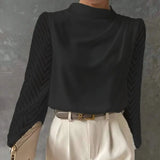 Mesh Patchwork Shirt Blouse Women Fahsion O-neck Lantern Sleeve Shirts For Women 2024 Spring Casual Folds Blouses Tops-Outfit