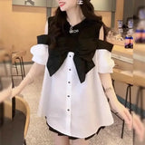 Fashion Off Shoulder Bow Shirt Summer Short Sleeve Female Clothing Single-breasted Korean Round Neck Patchwork