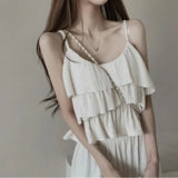 Version Of Summer Sling Suit Vertical Collar Lace Pleated Blouse Tea Is A Complete Set Of Elastic Wide-Leg Trousers-Outfit