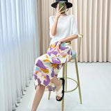Folded Purple Snowflake Print Skirt Gentle Cream Purple Bump Color Daily Slim High Waist Open Straight