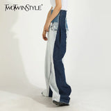 Casual Patchwork Pocket Jeans For Women High Waist Hit Color Casual Loose Denim Pants Female Spring New