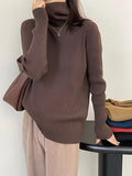 Women's High Neck Vertical Pit Stripe Elastic Sweater Long Sleeve Slim Pile Neck Jumper Roll Collar