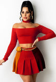 Off Shoulder Long Sleeve Crop Top and Pleated Matching Skirts 2pc