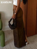 Elegant Fashion Pu Leather Split Skirt Vintage Slim Low-Waisted Maxi Skirts Women 2023 Autumn Spring Ladies Streetwear-Outfit