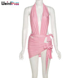 Puss Sexy Hollow Out Summer Women 2 Piece Set Halter Bodysuit+Bandage Mini Skirt Vacation Party Fashion Clubwear