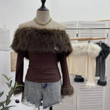 Real Shot Of The Hottie Shoulder Mesh Hot Diamond To Receive The Belt Strap Horn Long Sleeve Top Short T-Shirt
