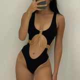 Cut Out Sexy Naked Bodysuit Lingerie Women Rave Outfits Metal Chians Chic Bodys Feminino Sleeveless Backless