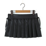 PU Leather Pleated Mini Skirt With Shorts lining Sexy Metal eyelets Cross Bandage Low Waist Short Skater Coffee Black-Outfit