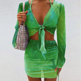 Mesh Long Sleeve Crop Top Mini Skirts Two Piece Holiday Matching Set Print Fashion Outfits See Through Y2K Bodycon