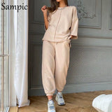 Tracksuit Women Sport Casual 2021 Summer Set Loose Khaki Short Sleeve Shirt Tops And Pants Bottom Suit Two Piece