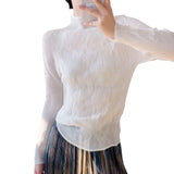 Wrinkled Women's Cul-De-Scress T-Shirt Blouse Femininity Half-High Collar Design Sense Fashion Hit-And-Dial