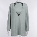 V-neck Loose Harajuku Gray Pullover Women Long-sleeved Shirt And Turtleneck Tank Top 2 Pieces Set Sexy Knitted