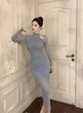 Women Dresses Sexy Elegant Mesh Patchwork Hollow Out Stand Collar Irregular Long Sleeve Party Dress Female Temperament-Outfit