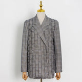 Casual Plaid Blazer For Women Notched Long Sleeve Korean Ruched Loose Blazers Female Fashion New Clothing