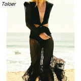Deep V Neck Mesh Bodysuits Women Sexy Long Sleeve Elegant Beachwear Solid Bodycon Hollow Out Slim Black Rompers