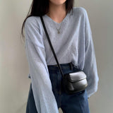 Solid Color V-Neck Oversized Knitted Tee-Outfit