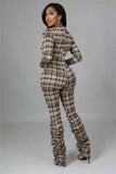 Gray Plaid Turndown Collar Zipper Long Sleeve Ruched