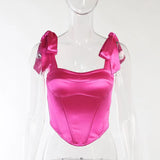 Satin Bow Tie Corset Top Women Summer 2022 Fashion Sleeveless Backless Cropped Tops Club Party
