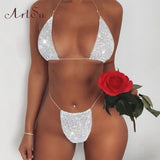 Rhinestones Glitter Swimwear Women Bikini Set Beach Bathing Suit Set Party Night Wear