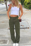 Khaki Wide Leg Cargo Jeans High Waist Big Pockets Baggy Denim Trousers Casual Oversized Pants Street Sweatpants