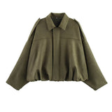 Spring New Women's Fashion Army Green Velvet Effect Short Long Sleeve Epaulets
