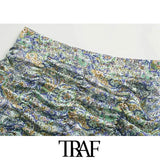 Women Chic Fashion With Ruffled Pleated Printed Mini Skirts Vintage High Waist Back Zipper Female Skirts