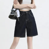 Waisted Denim Shorts Women Summer Korean Fashion Y2k Bottoms White Retro Blue Black Jeans Knee Length Female Jean