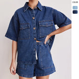 2025 New Vintage Casual Pocket Short Sleeve Shirt Shorts Denim Set