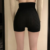 Womens Autumn Winter Skinny Basic Yoga Shorts Solid Color High Waist Knitted Slim Thighs Stretchy Short Pants-Outfit