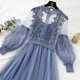 New Women Fashion Dress Stand Collar Lantern Sleeve Mesh Dress See-through Lace Embroidery Fairy Dress Femme Vestidos