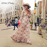 Long Sleeve Floral Print Dress Women Beach Vintage Maxi Dresses Boho Casual Deep V Neck Ruffles Draped Dress