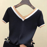 Women Blouse 2021 V-Neck Contrast Color Striped Top Tops Clothes Knitted Short Sleeve Shirt Femme Camisetas Mujer