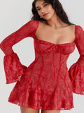 New Women's Wear Temperament And Fashion Slim Lace Horn Long-Sleeved Tie A Pendulum Dress Woman-Outfit