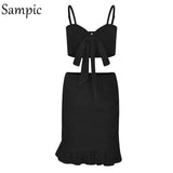 Ruffle High Waist Two Piece Skirt Set Backless Bow Crop Top Club Outfits Sexy 2 Piece Set Women Summer Matching
