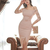 Women Evening Midi Dress Lady Formal Retro Sexy Sheer Slash Neck Bodycon Slim Slit Party Club Robe Femme Mujer