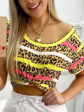 Leopard Print Stripes Crewneck Short Sleeve