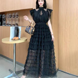 Niche Elegant Dress Women's High-End Lace Short Sleeves To Show Thin Multi-Layer Pongeist Long